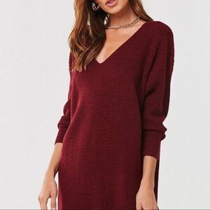 NEW-VINE & Love Back Cutout  Burgundy Ribbed Knit Sweater Mini Dress Size Large